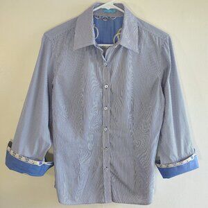 J. McLaughlin Cotton & Silk Whitney Blouse Blue Stripe Button Up  Women Size 6